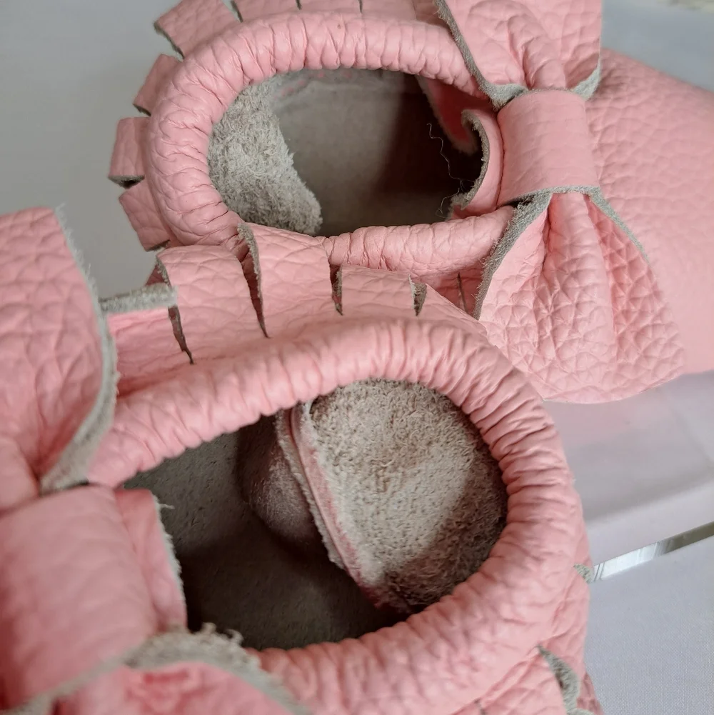 Baby Girl Pink-Pearly Bow Moccasins - Soft Slip-On Infant Shoes New
